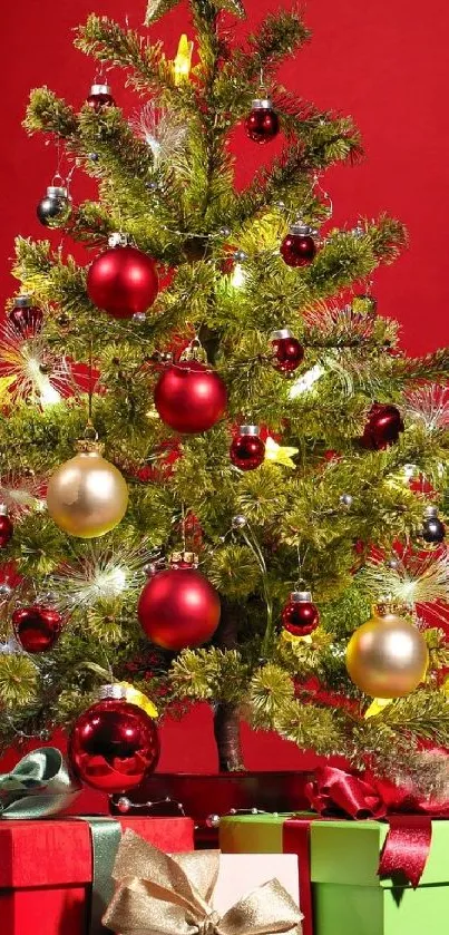 Vibrant Christmas tree with gifts on red background.