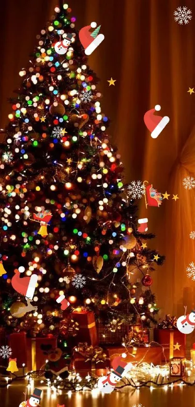 Festive Christmas tree with glowing lights and ornaments.