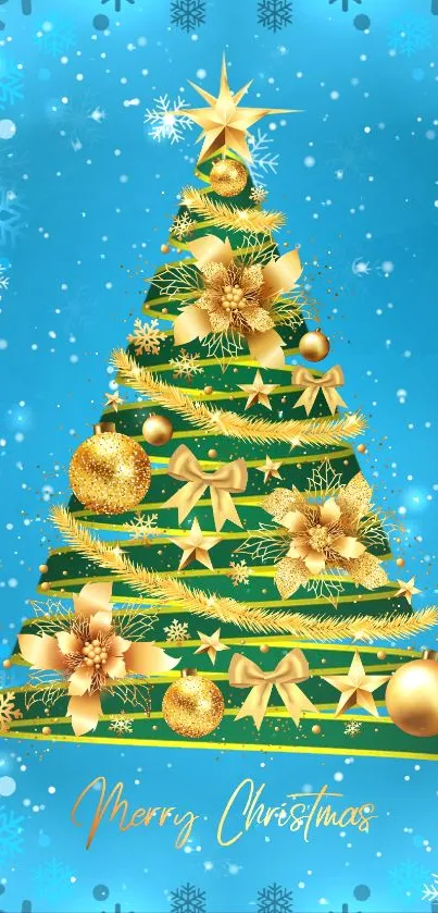 Christmas tree mobile wallpaper with gold ornaments on a blue background.