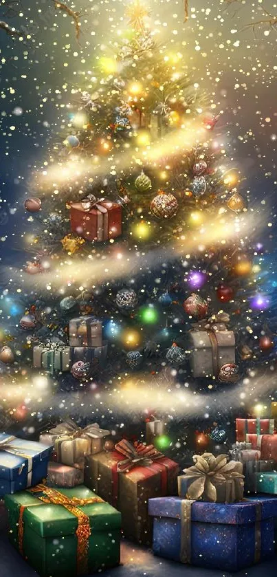 Festive Christmas tree with gifts in snow at night.