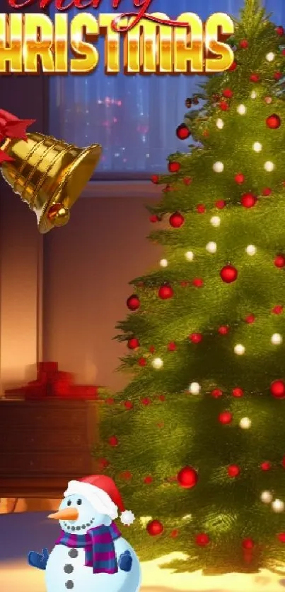 Decorative Christmas tree with snowman and festive ornaments.