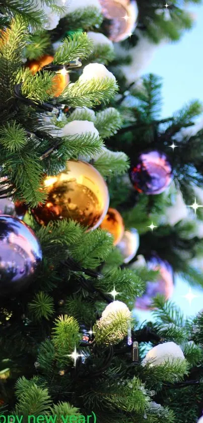 Snow-dusted Christmas tree with colorful ornaments.