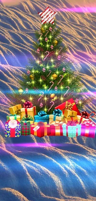 Christmas tree with gifts on a blue sandy background.
