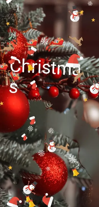 Festive Christmas tree with red ornaments and green branches.