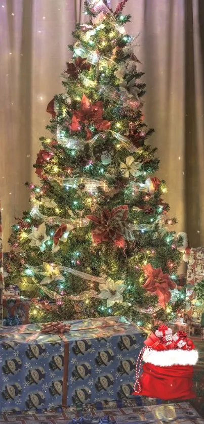 Festive Christmas tree with gifts and colorful lights for mobile wallpaper.