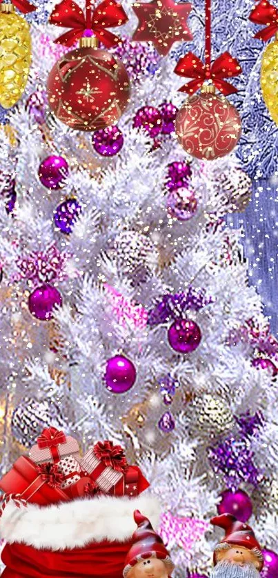 Festive Christmas tree with ornaments and red bows, perfect for a holiday phone wallpaper.