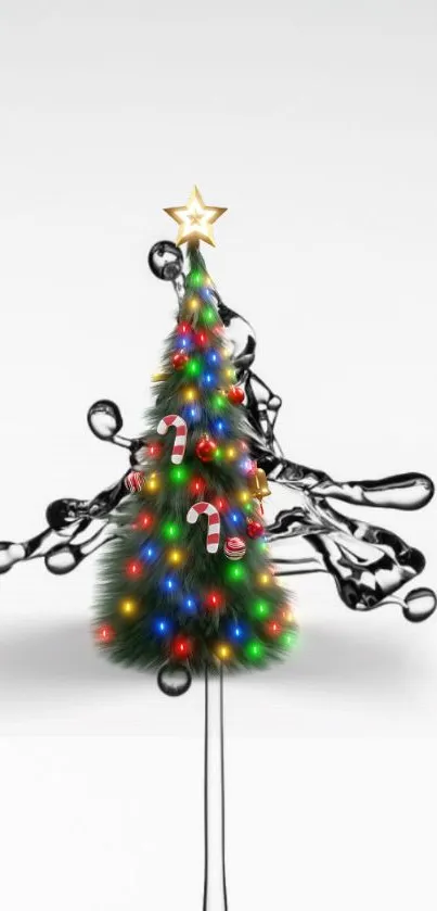 Vibrant Christmas tree with ornaments and lights on a white background.