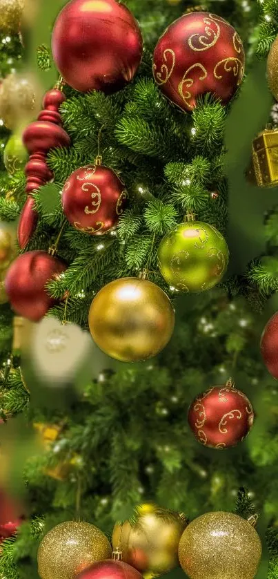 Christmas tree with red and gold ornaments.