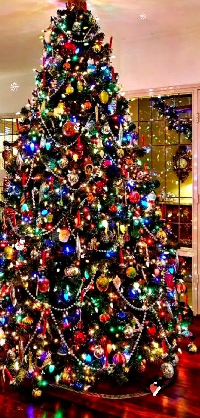 Festive Christmas tree with colorful lights and decorations in a cozy living room.