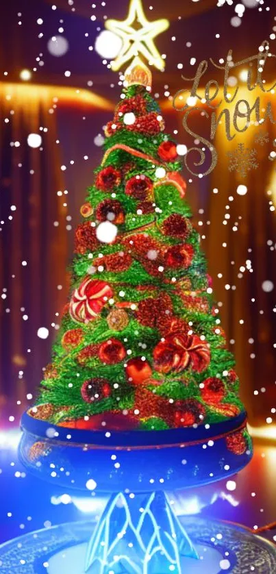 Colorful Christmas tree with snowflakes and glowing star.