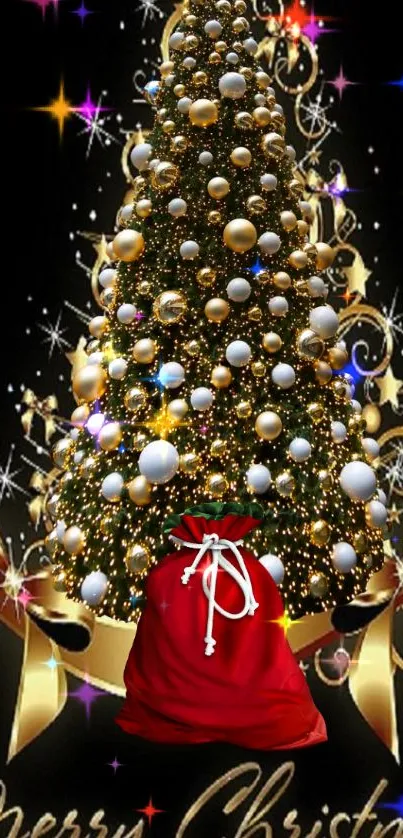 Christmas tree with gold decorations and red sack on black background.