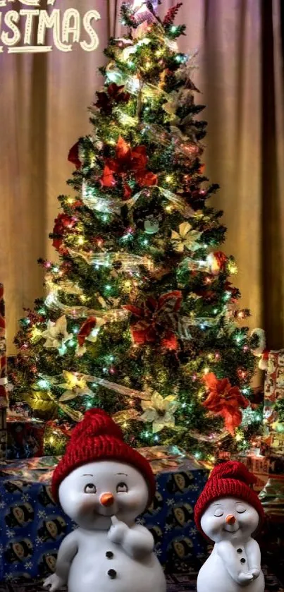 Vibrant Christmas tree with snowman and gifts as mobile wallpaper.