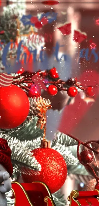 Festive Christmas tree with red ornaments and holiday decorations.