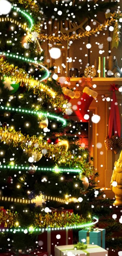 Festive Christmas tree with lights and presents in a cozy holiday setting.