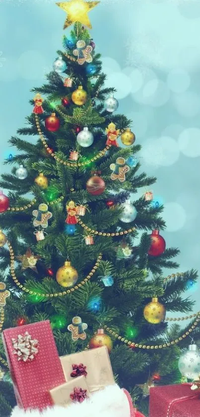 Festive Christmas tree with gifts and ornaments in holiday setting.