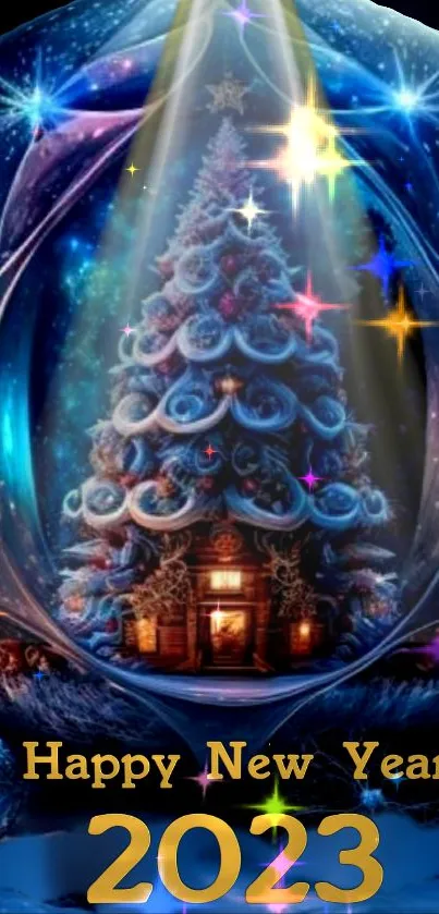 Festive Christmas tree with Happy New Year 2023 in a blue ornament.