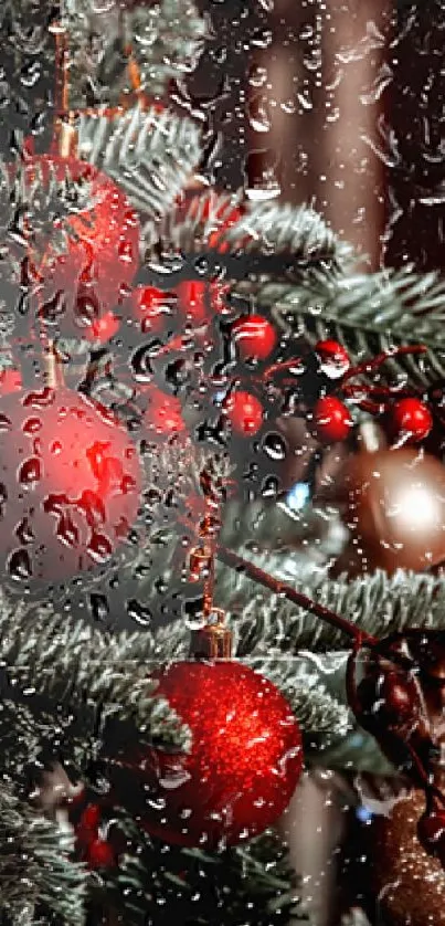 Festive Christmas tree with red ornaments and pine branches.