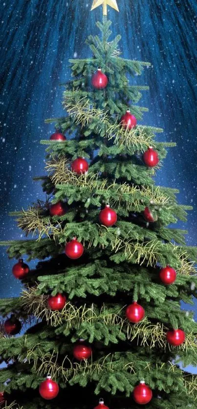 Festive Christmas tree with star and red ornaments on a starry blue background.