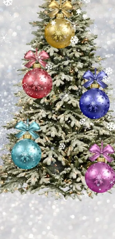 Christmas tree with colorful ornaments and glittery snowfall.