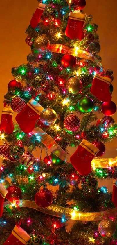 Festive Christmas tree with glowing lights and ornaments.