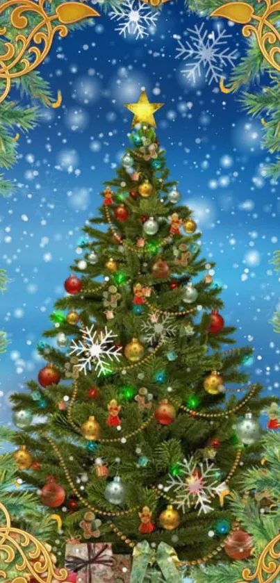Decorated Christmas tree against snowy blue sky backdrop.