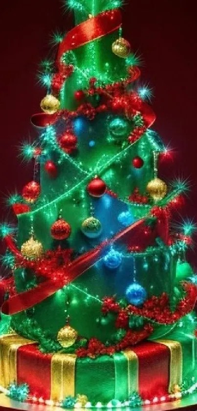 Vibrant Christmas tree with lights and decorations.