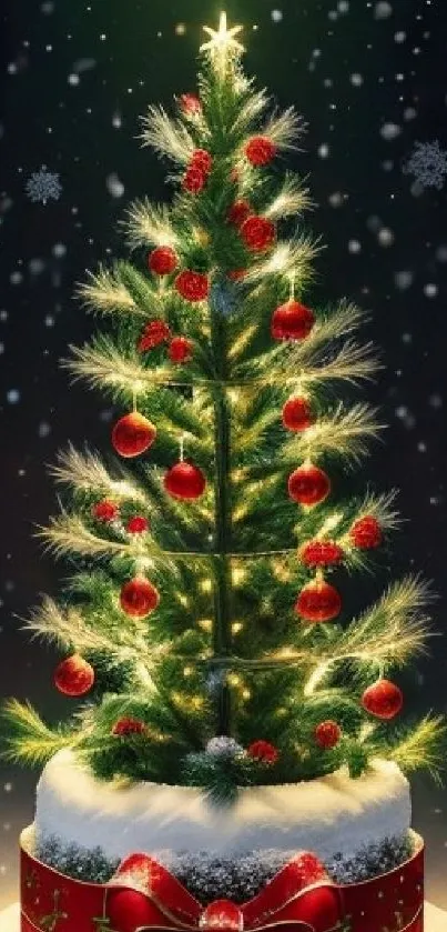 Christmas tree with red ornaments and a star in snowy scene.