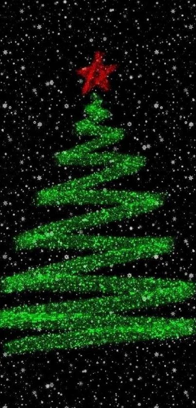 Festive Christmas tree with red star against snowy night sky.
