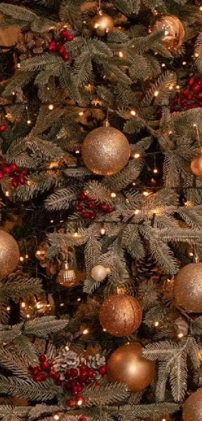 Christmas tree adorned with golden ornaments and twinkling lights.