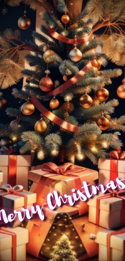 Christmas tree wallpaper with gifts and glowing ornaments.