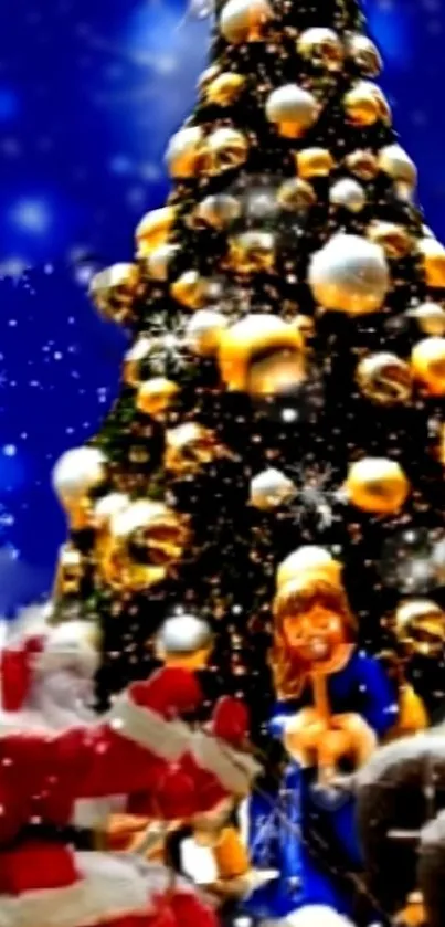Christmas wallpaper with tree, Santa, and reindeer in blue hues.