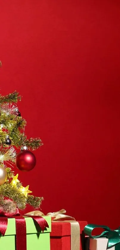 Festive Christmas tree with gifts on red background.