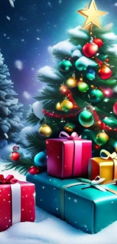 Christmas tree with gifts under snowfall, festive wallpaper.