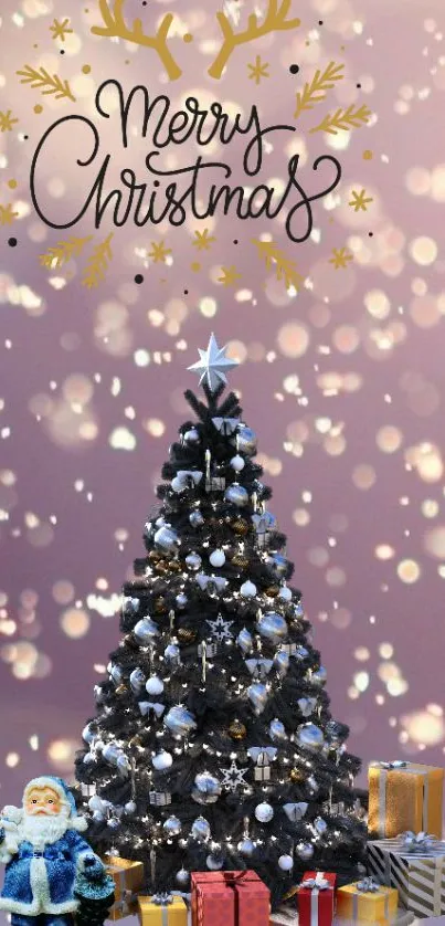 Decorative Christmas tree with gifts and a festive background.