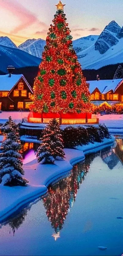 Christmas tree in snowy village with lights reflected in water.