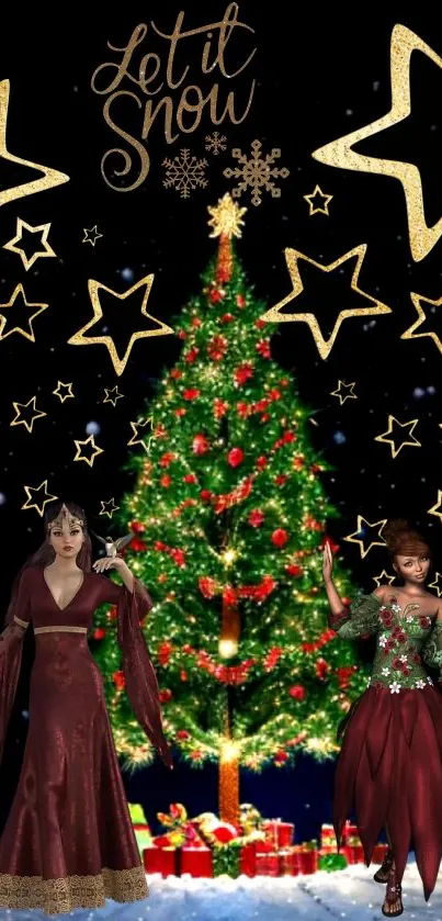 Festive Christmas tree with stars and holiday message wallpaper.