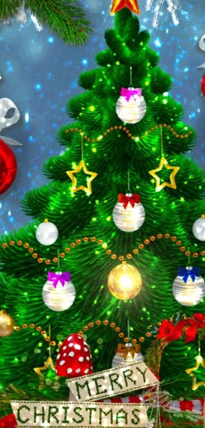 Vibrant Christmas tree with ornaments and a Merry Christmas banner.