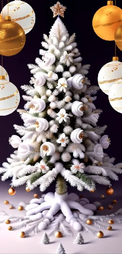 Elegant Christmas tree with gold ornaments and frosty branches.