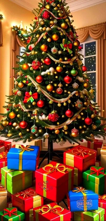 Christmas tree with ornaments and gifts in festive room.