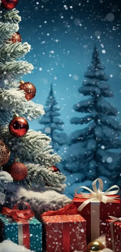 Festive Christmas tree with snow and gifts in blue winter scene.
