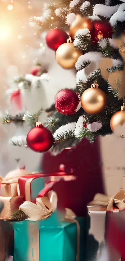 Christmas tree with red, gold ornaments and presents.