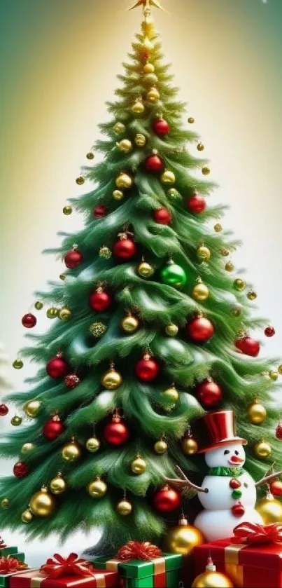 Festive Christmas tree with gifts and a snowman, perfect for holiday decor.
