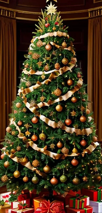 Elegant Christmas tree with gold ornaments and ribbons.