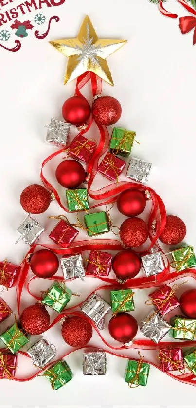 Creative Christmas tree with red ornaments and a golden star on a white background.