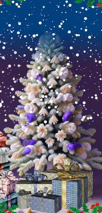 Festive Christmas tree with snow and gifts, perfect for mobile wallpaper.