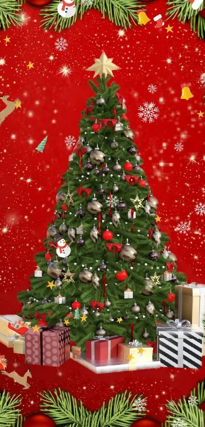 Festive Christmas tree with gifts on red background.