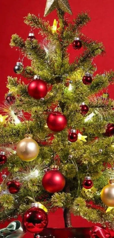 Festive Christmas tree with red and gold ornaments on a vibrant red background.