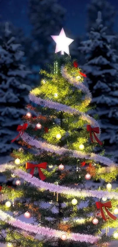 Decorated Christmas tree with lights and snow in a winter scene.