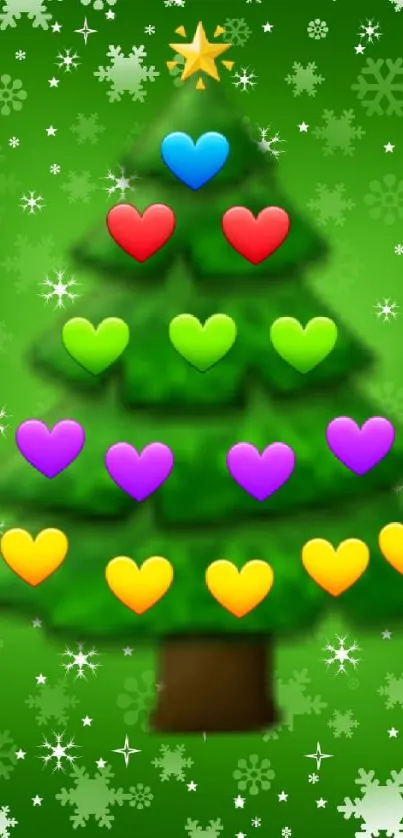 Vibrant Christmas tree with colorful hearts and snowflakes on a green background.