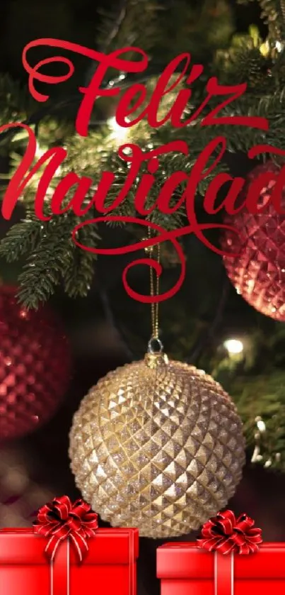 Christmas tree with red and gold ornaments and Feliz Navidad text.